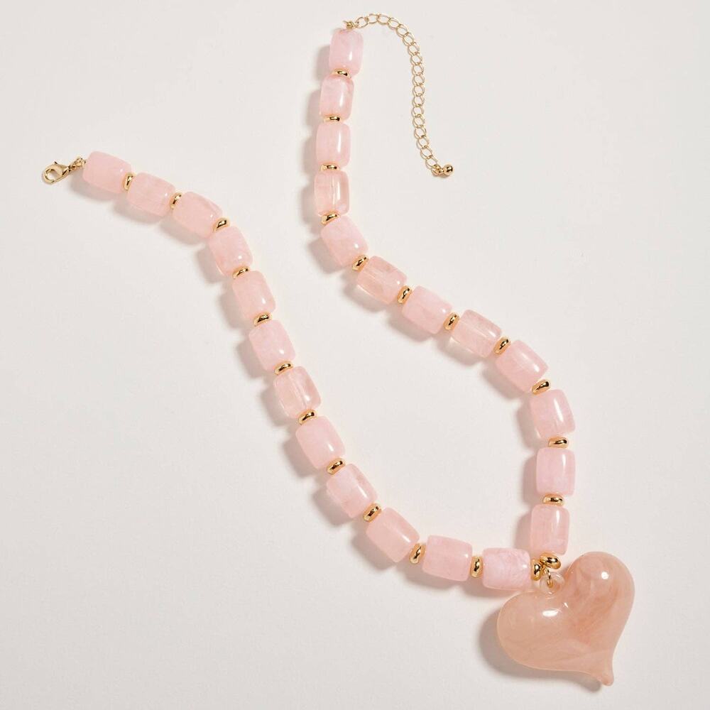 Colorful Beaded Heart Necklace | Barrel Bead Necklace in Pink